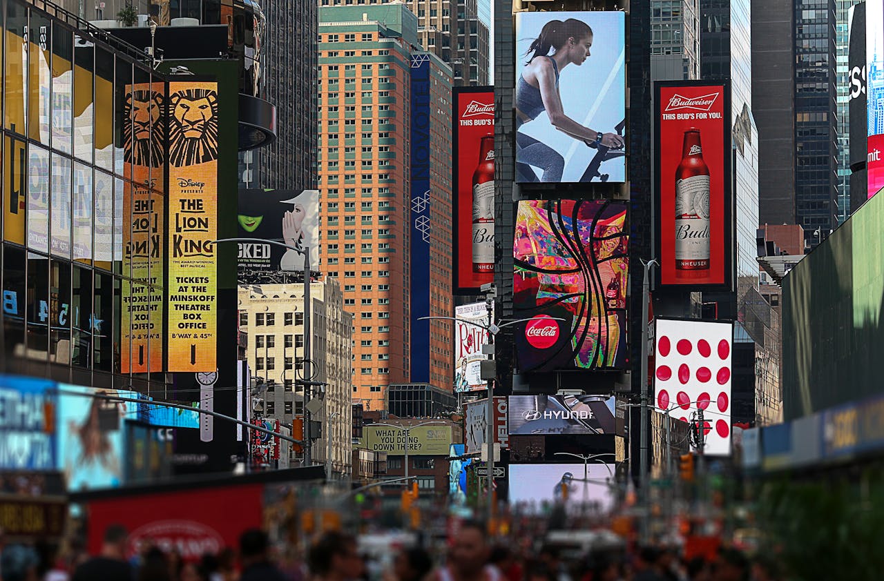 About Colorful billboards and bustling crowds capture the essence of Times Square, NYC.